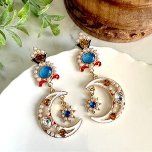Crescent Moon Nautical Earrings Rhinestones Vintage Style Faux Pearl Flower NEW